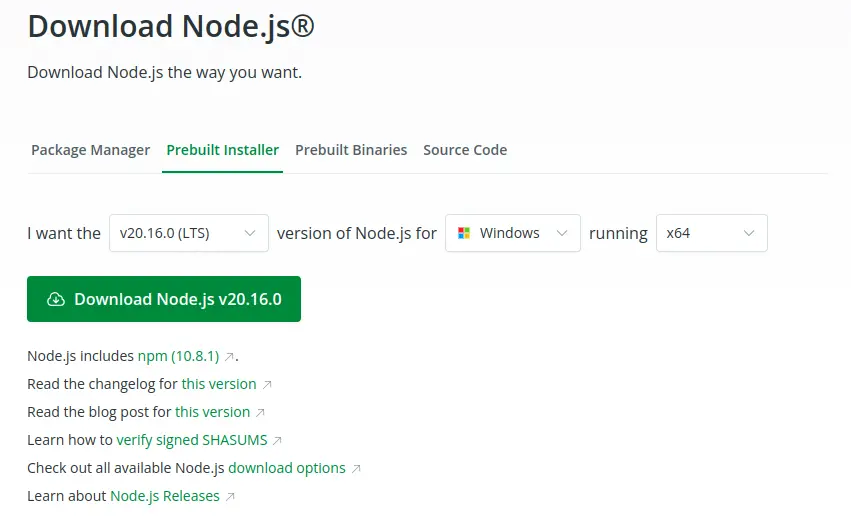 Node direct download page.